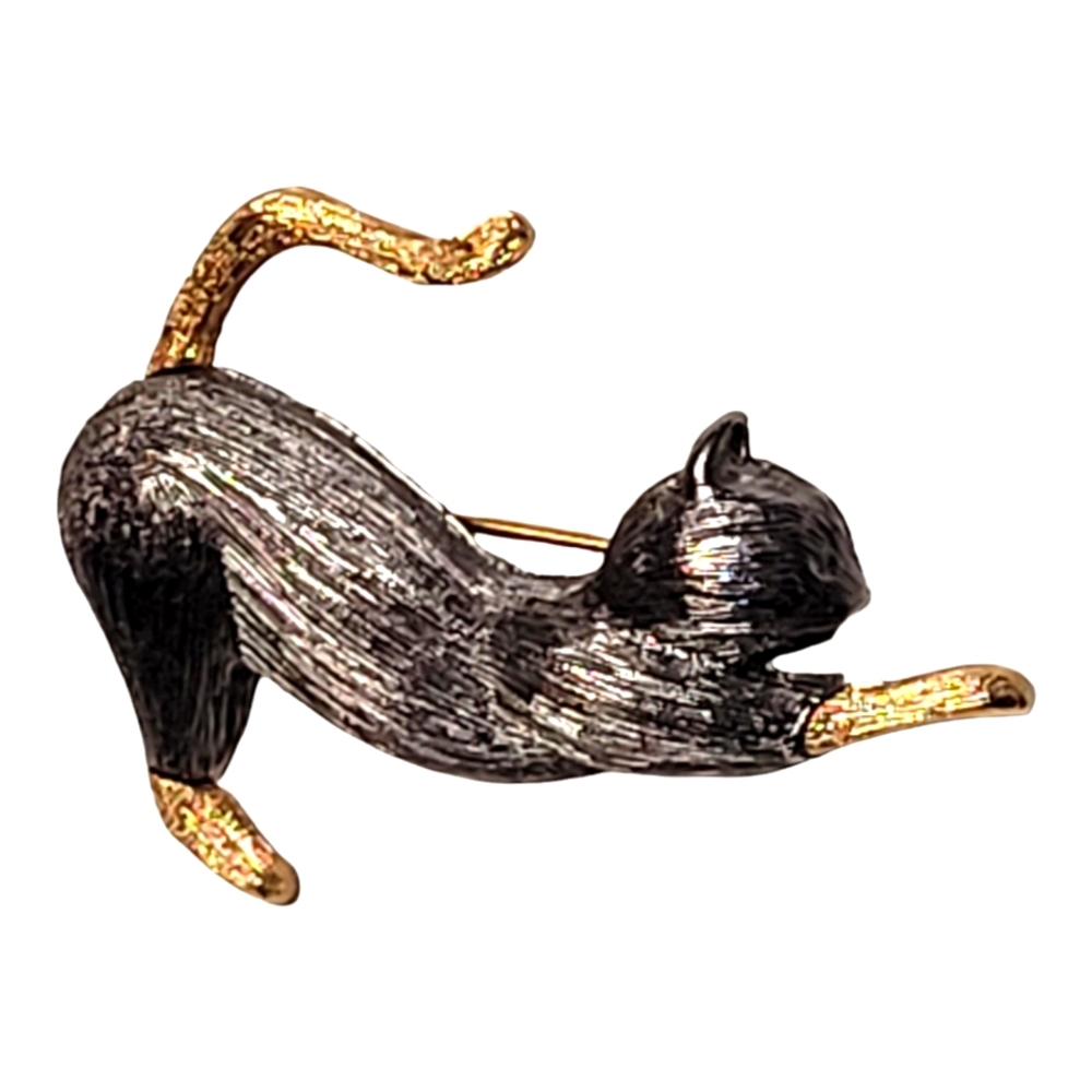 Liz Claiborne Stretching Kitty Cat  Brooch Vintage LC Marked